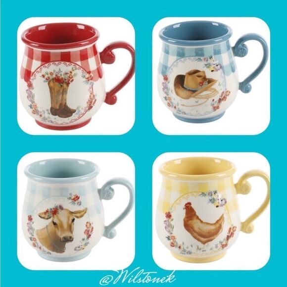 The Pioneer Woman set of 4 - 16 ounce Gingham latte Mugs -Cow- Chicken -Hat Boot - Picture 1 of 6
